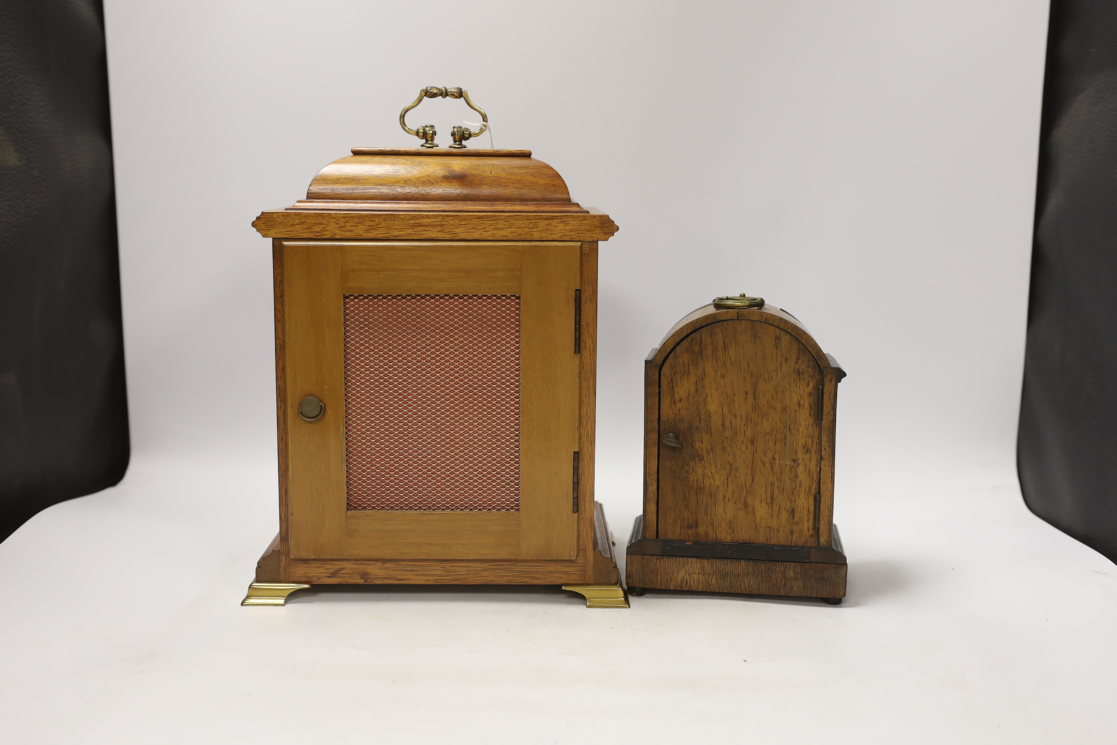 Two mantel clocks; an Elliott three train clock chiming on eight gongs, 29cm high, together with a small late 19th century timepiece by VAP Brevete